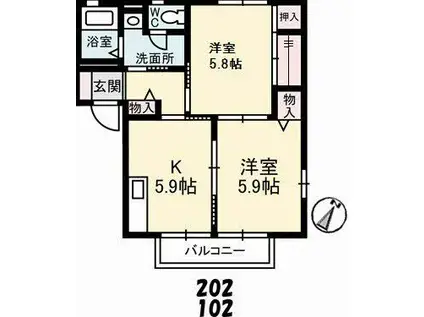 ディアスパルティール C棟(2K/2階)の間取り写真