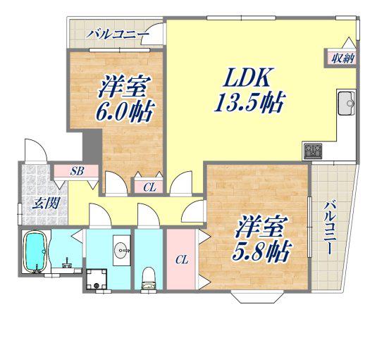 芦屋ニューコーポⅠ番館(2LDK/2階)の間取り写真