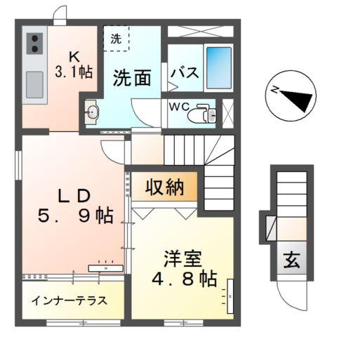 新潟市秋葉区中野アパート(1LDK/2階)の間取り写真