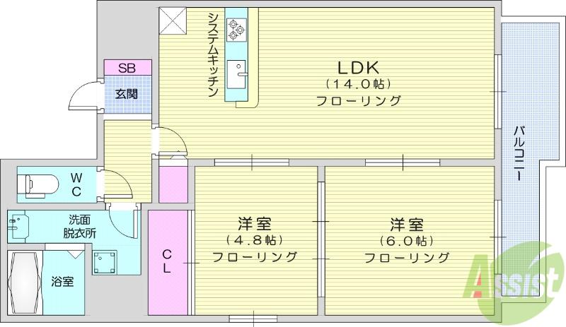 ディオコート長町(2LDK/4階)の間取り写真