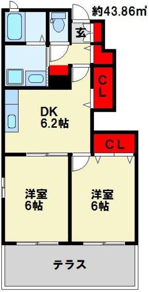 メゾングラースII(2DK/1階)の間取り写真