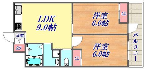 レガーロ三宮(2LDK/2階)の間取り写真
