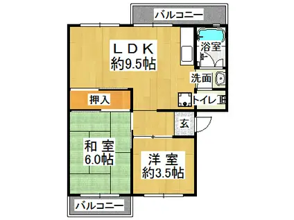 神戸電鉄三田線 五社駅 徒歩18分 5階建 築52年(2LDK/3階)の間取り写真