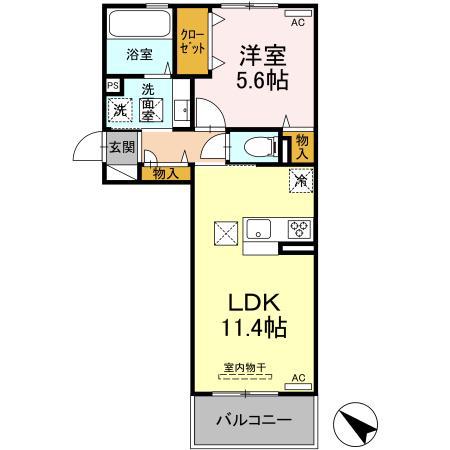 D-ROOM隈府 B棟(1LDK/1階)の間取り写真