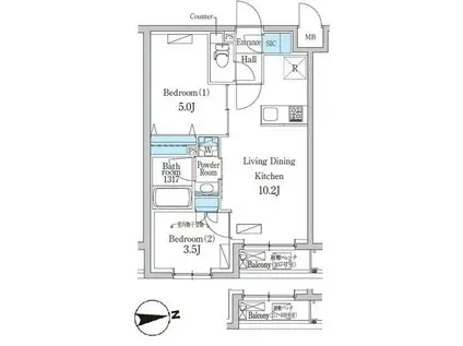 デュオフラッツ千歳船橋(2LDK/2階)の間取り写真