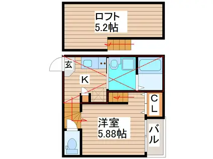 グランヴィスタ原町(1K/2階)の間取り写真