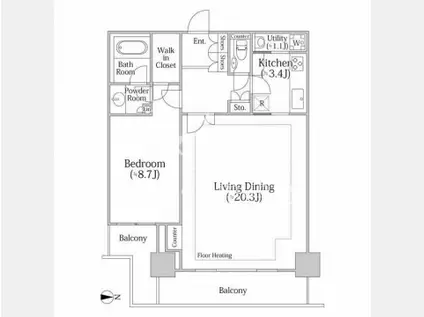 河田町ガーデン クラブフロア(1LDK/35階)の間取り写真