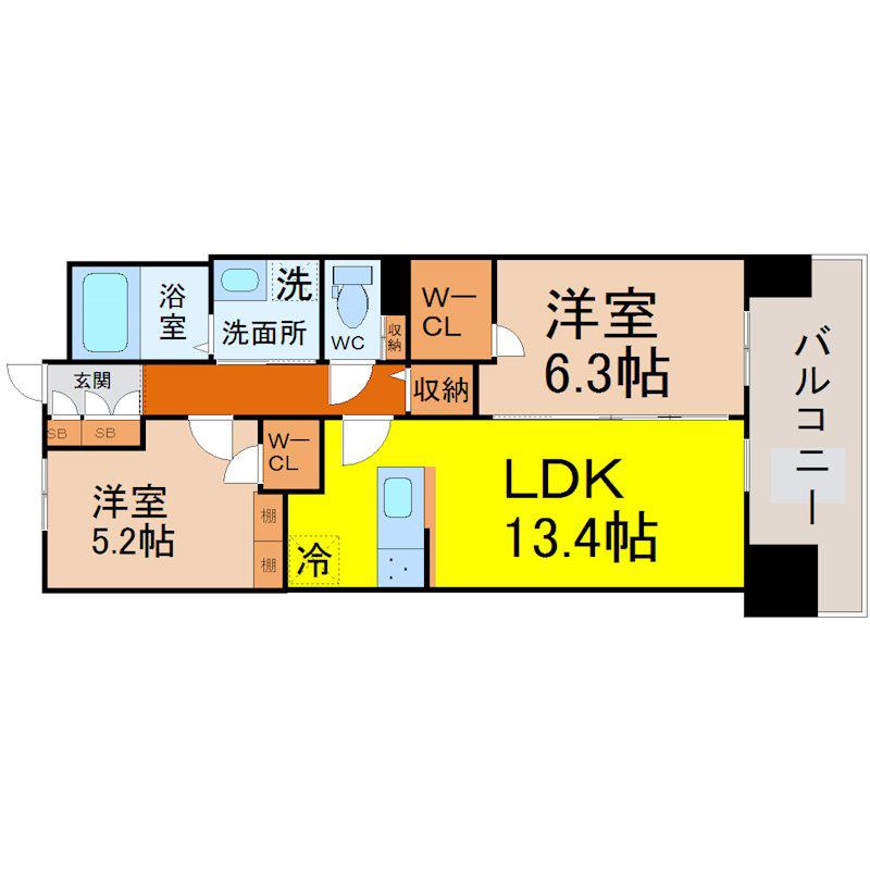 S-RESIDENCE茶屋ヶ坂イースト(2LDK/5階)の間取り写真
