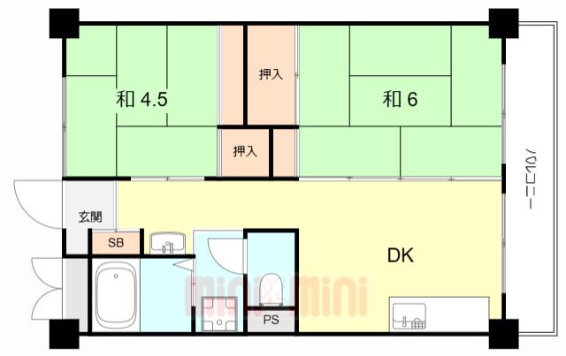 ビレッジハウス南清水タワー1号棟(2DK/7階)の間取り写真