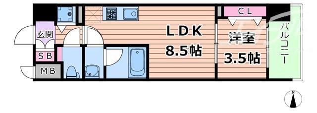 スプランディッド本町グラン(1LDK/8階)の間取り写真