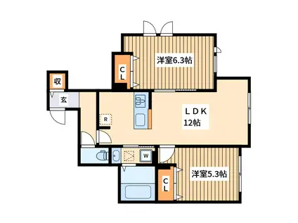 カラーズ ウィングB(2LDK/1階)の間取り写真