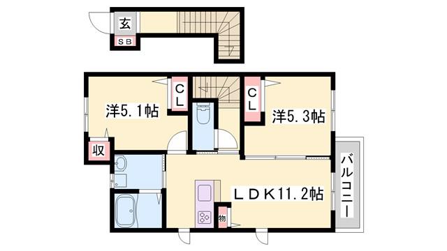 シャーメゾンヒメコウライグリーン(2LDK/2階)の間取り写真