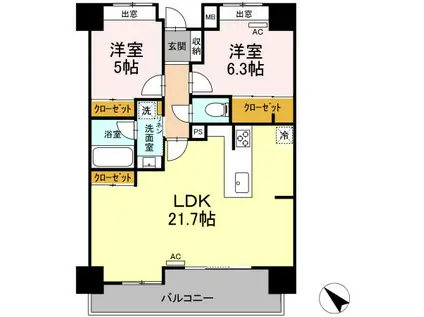 ライオンズ城岳南(2LDK/7階)の間取り写真