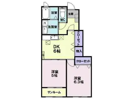 ベルアルモニーB(2DK/1階)の間取り写真