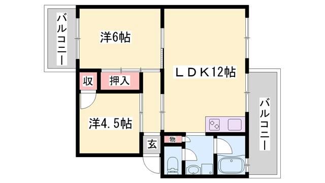 インタービレッジ網干駅前(2LDK/4階)の間取り写真