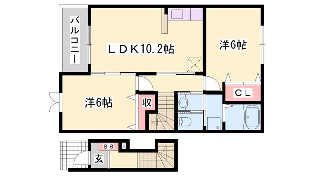 フォンターナ・ヴィラ(2LDK/2階)の間取り写真