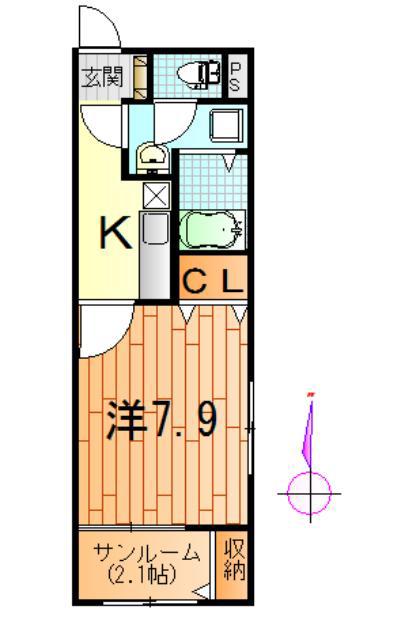 クレールVIII(1K/1階)の間取り写真
