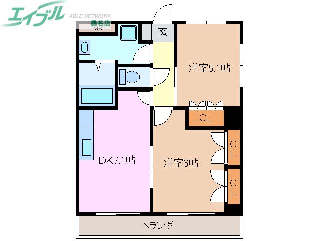 グランディールコートA(2DK/2階)の間取り写真