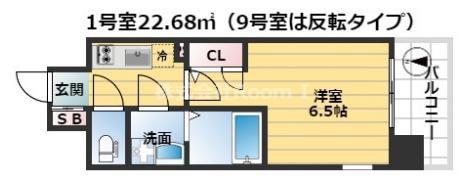 エスリード谷町6丁目レジデンス(1K/3階)の間取り写真