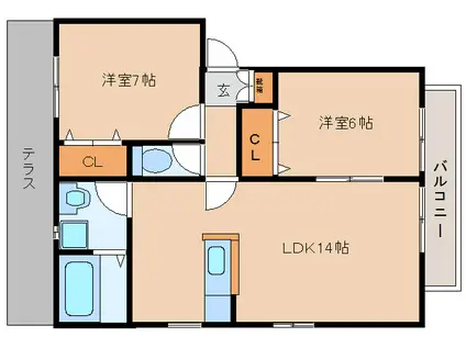 アンシャンテ葛城B(2LDK/1階)の間取り写真