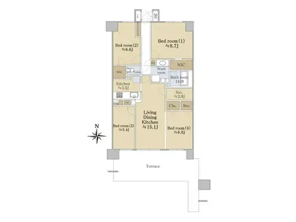 ルネ・マザーズシティ北棟(4LDK/1階)の間取り写真