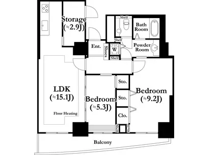 河田町ガーデン(2SLDK/17階)の間取り写真