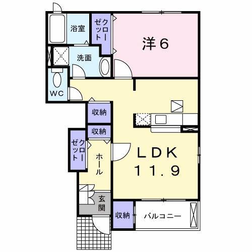 クレメントB棟(1LDK/1階)の間取り写真