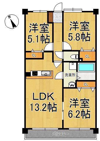 パークハイツ万代(3LDK/3階)の間取り写真