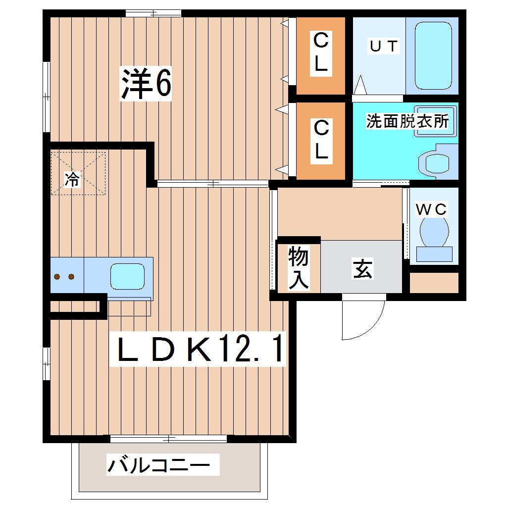 ノエル若林B棟(1LDK/1階)の間取り写真