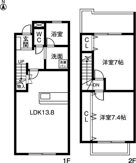 カーサ東ヶ丘(2LDK/1階)の間取り写真
