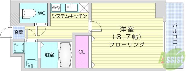 リヴィエール若林(1K/3階)の間取り写真