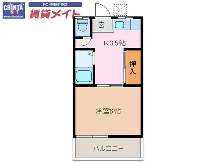 岩渕 松鶴(1K/2階)の間取り写真