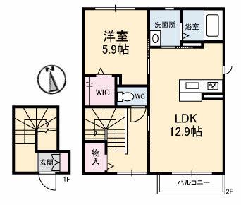 ディアメゾン(1LDK/2階)の間取り写真