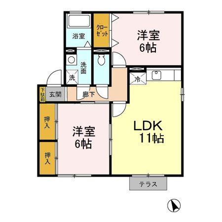 キャッスル徳久D棟(2LDK/1階)の間取り写真