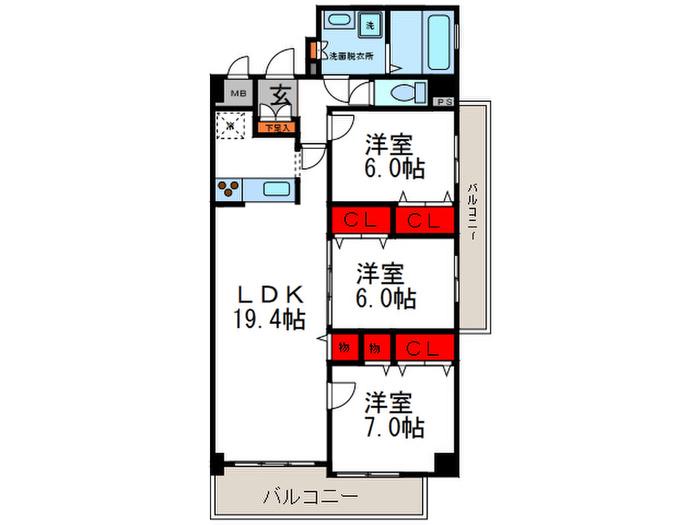 シャトー桃山台(3LDK/6階)の間取り写真