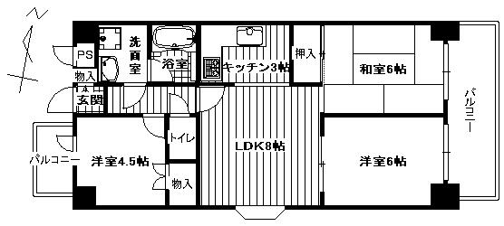 ライオンズマンション京橋川(3LDK/4階)の間取り写真