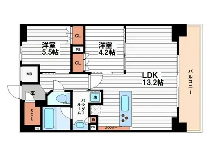 ザ・パークハビオ谷町六丁目テラス(2LDK/14階)の間取り写真