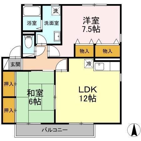 ハイカムール津福(2LDK/2階)の間取り写真