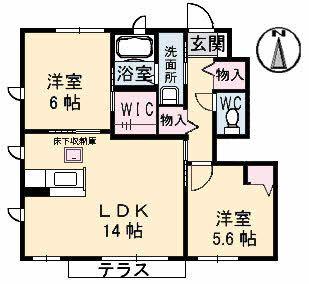 フィオレンテB棟(2LDK/1階)の間取り写真