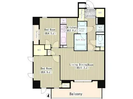 OASE用賀イースト(2LDK/4階)の間取り写真