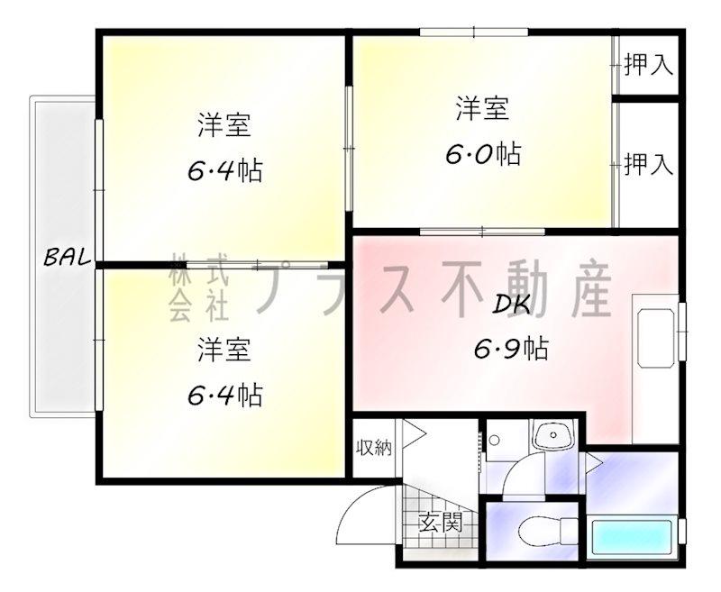アーバンコーポ遠賀野 D棟(3DK/2階)の間取り写真