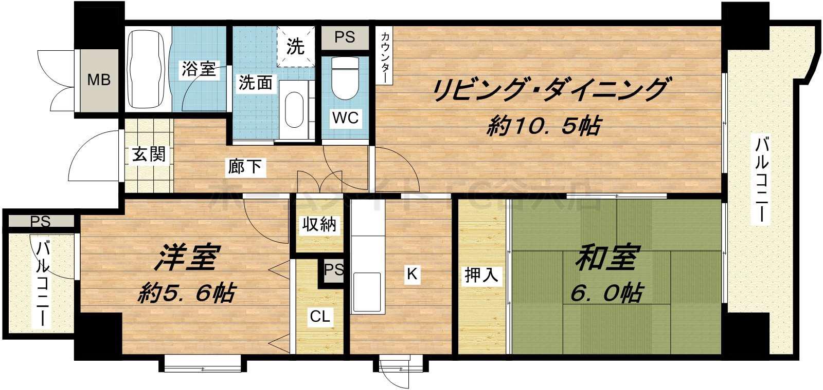グレイスコート上本町(2LDK/6階)の間取り写真