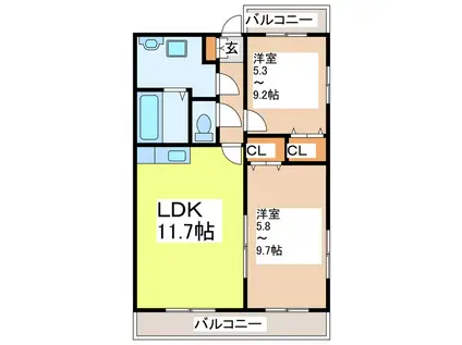 MIYAJINOコートステージ(2LDK/2階)の間取り写真