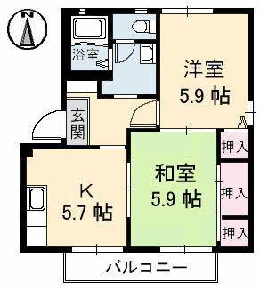 サテライトS 1棟(2K/2階)の間取り写真