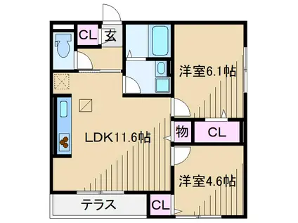 ブランヴェール大倉山(2LDK/1階)の間取り写真