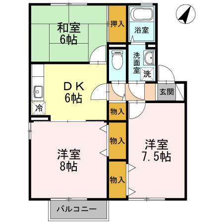 グレイス・クレセントB棟(3DK/1階)の間取り写真