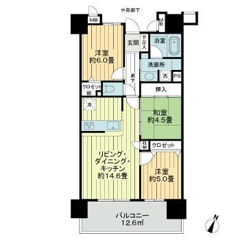 サーパス桟橋通二丁目(3LDK/5階)の間取り写真