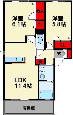 カーサ シェルテッツァ 野見山(2LDK/1階)の間取り写真