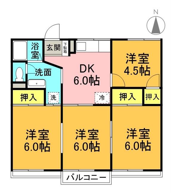 陰山ハイツB(3DK/1階)の間取り写真
