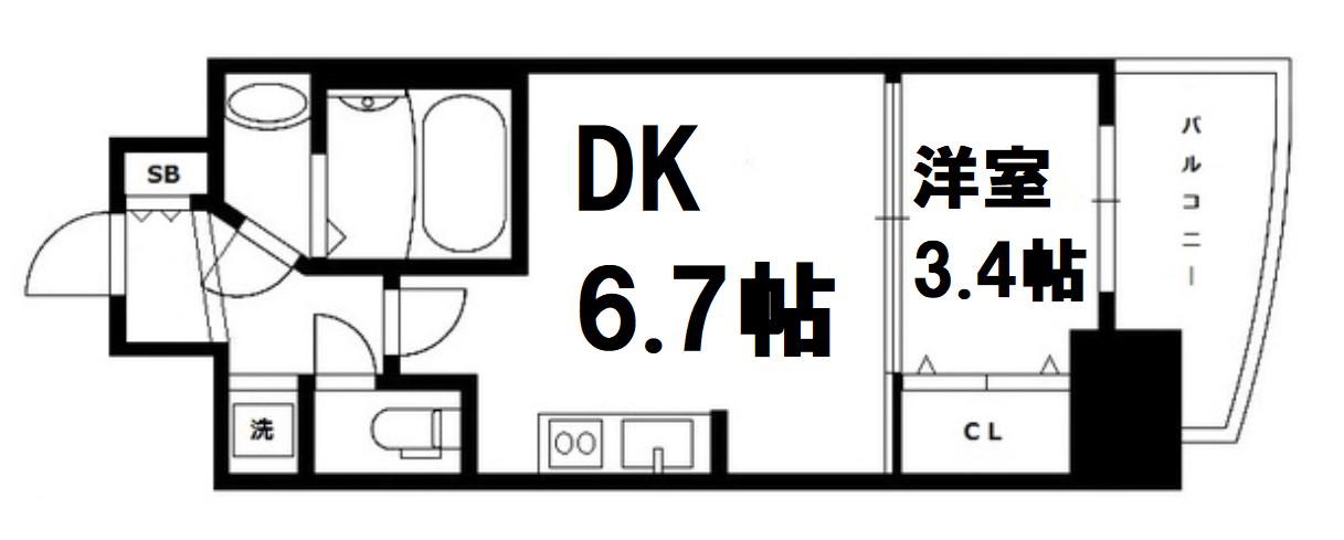 ラシュレエグゼ夕陽丘(1DK/6階)の間取り写真
